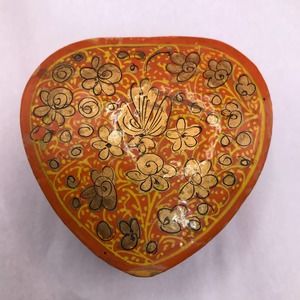 Heart Trinket Box Floral Print Pressed Paper Gold and Black 3” x 3”